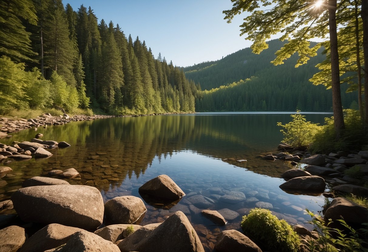 Lush forest surrounds a serene lake with mountains in the distance, creating a tranquil setting for outdoor yoga in Fundy National Park