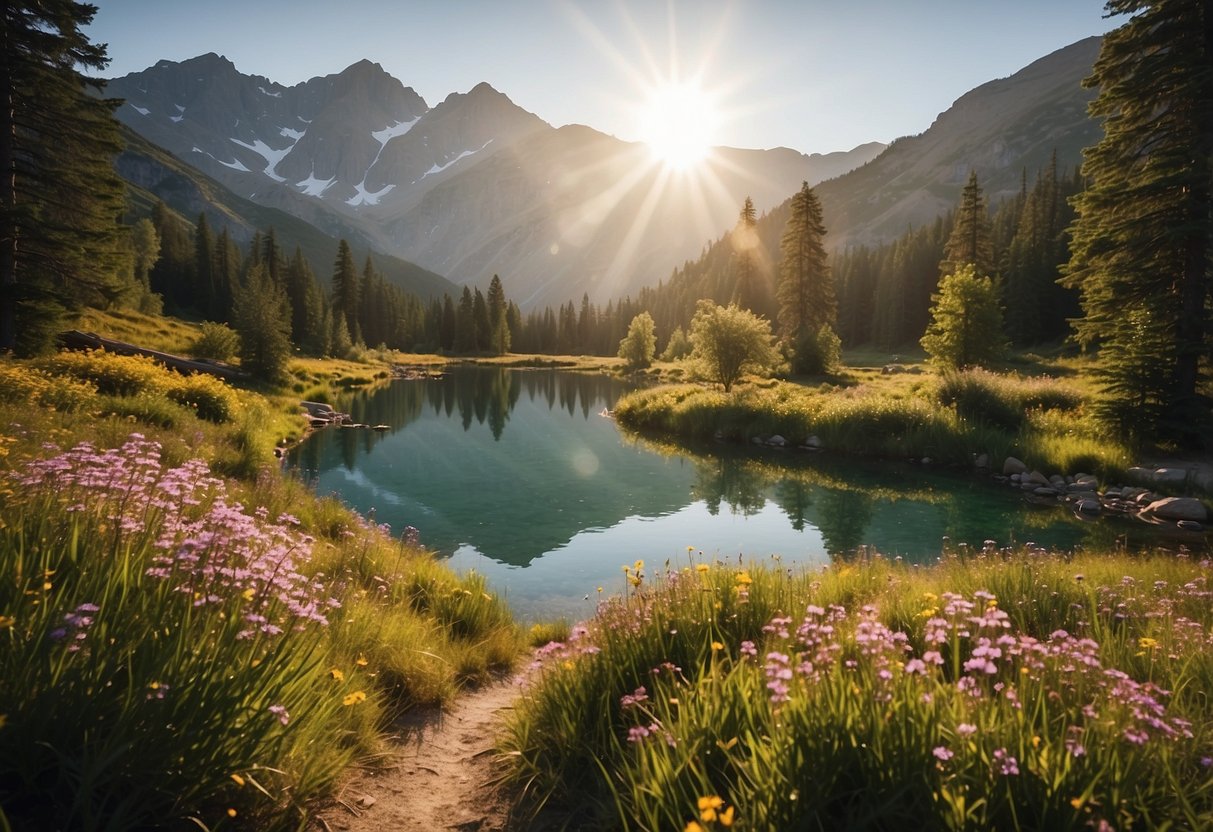 A serene mountain backdrop with a winding trail leading to a tranquil lakeside clearing, surrounded by lush greenery and vibrant wildflowers. The sun is shining, casting a warm glow over the peaceful setting