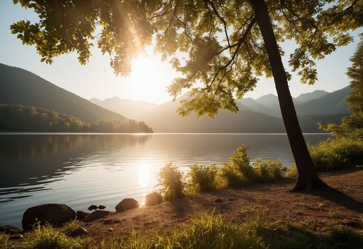 The sun shines brightly over a tranquil lakeside, with lush greenery and mountains in the distance. A gentle breeze rustles the leaves of the surrounding trees, creating a serene and peaceful atmosphere for outdoor yoga practice