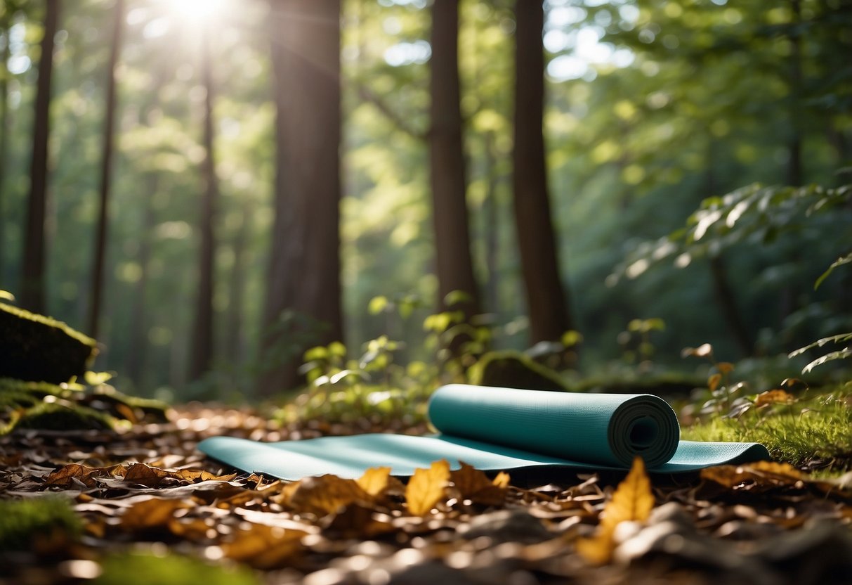 A serene forest clearing with a yoga mat laid out on the ground, surrounded by tall trees and dappled sunlight filtering through the leaves. A small stream gurgles nearby, and a gentle breeze rustles the leaves