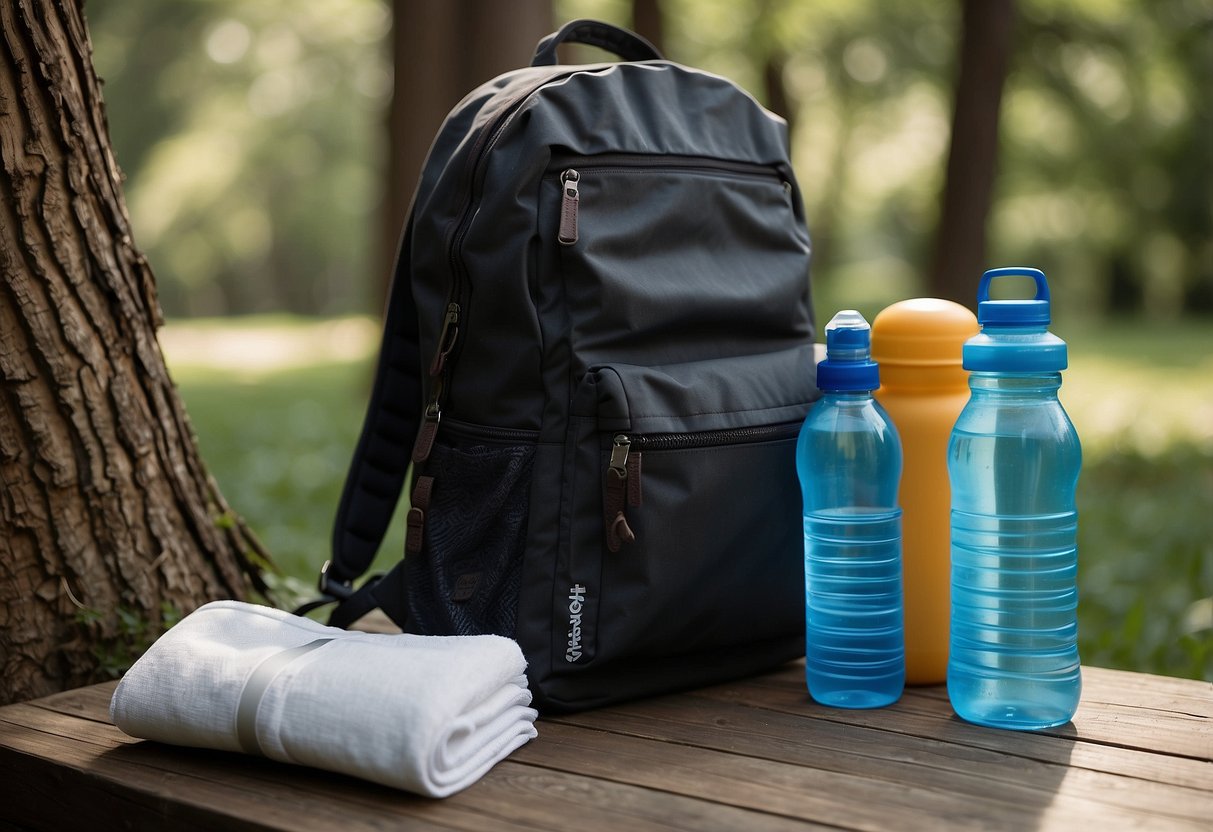 A backpack with biodegradable wipes, yoga mat, and water bottle laid out in a serene outdoor setting with trees and a clear sky