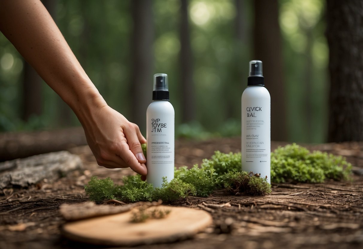 A person sprays natural bug repellent before outdoor yoga. Forest backdrop, yoga mat, and surrounding nature