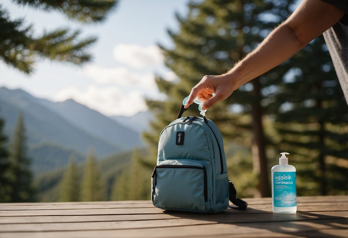 A hand reaching into a backpack to retrieve a portable hand sanitizer, surrounded by yoga mats and outdoor scenery