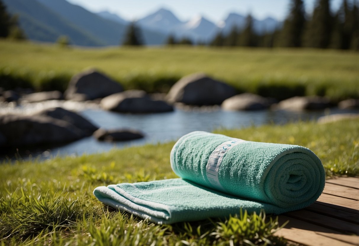 A towel laid out on a grassy patch, next to a water bottle and yoga mat, with trees and mountains in the background