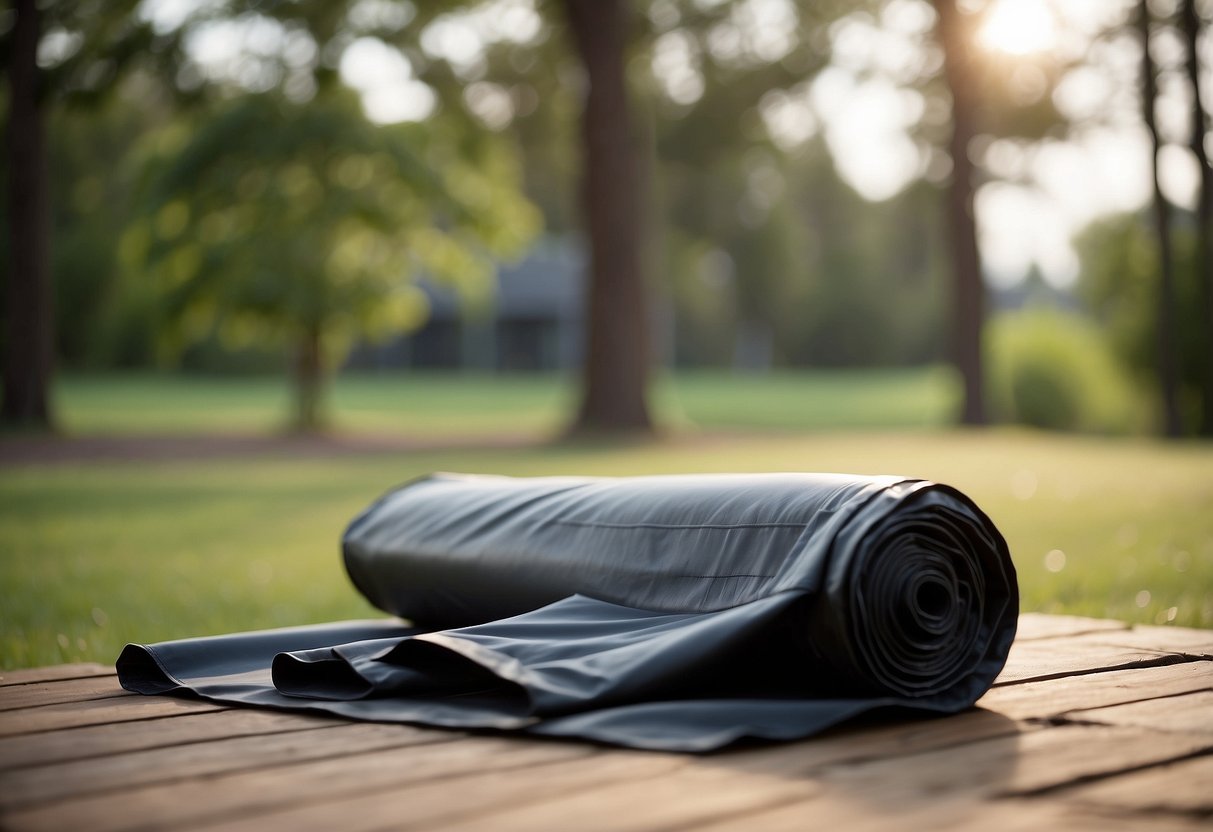 A trash bag sits beside a yoga mat outdoors. It is open and ready for use, with a clean and natural setting in the background