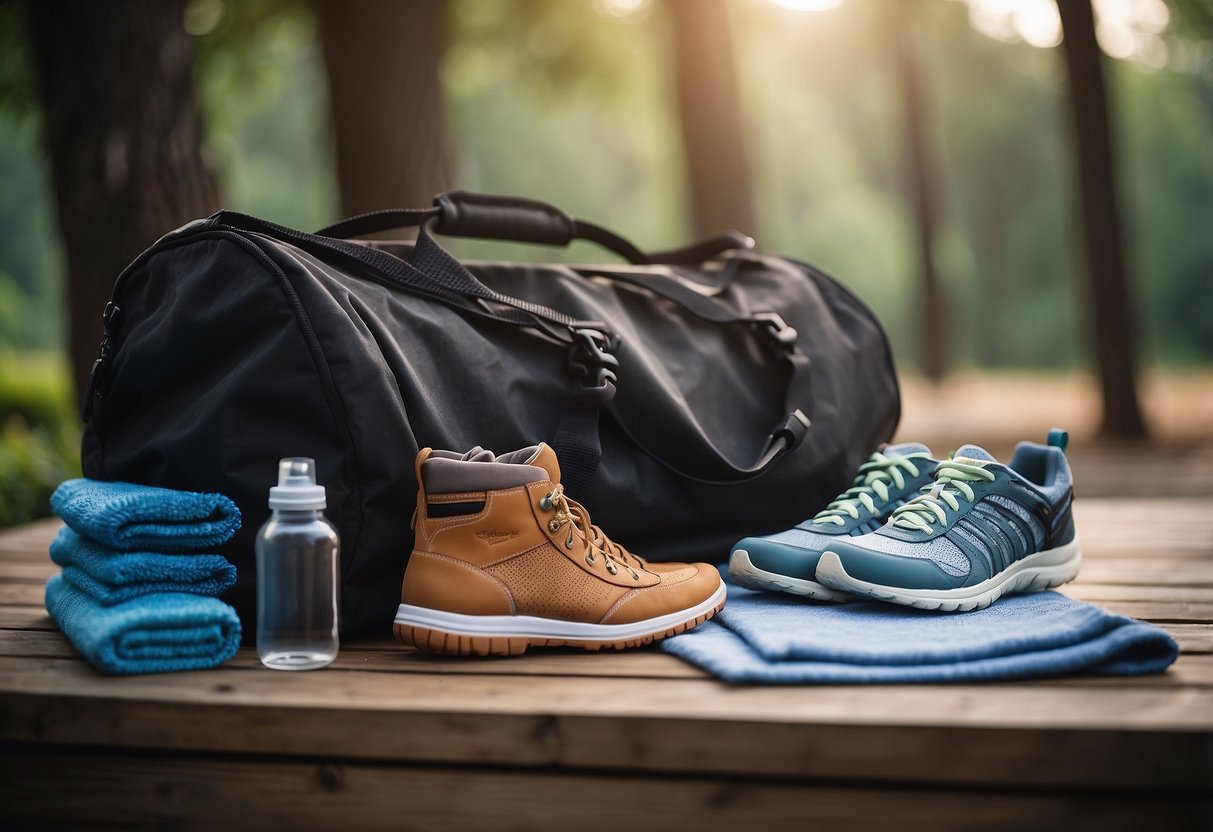 Shoes stored in a sealed bag, surrounded by yoga mat, water bottle, and towel. Outdoor setting with trees and sunlight