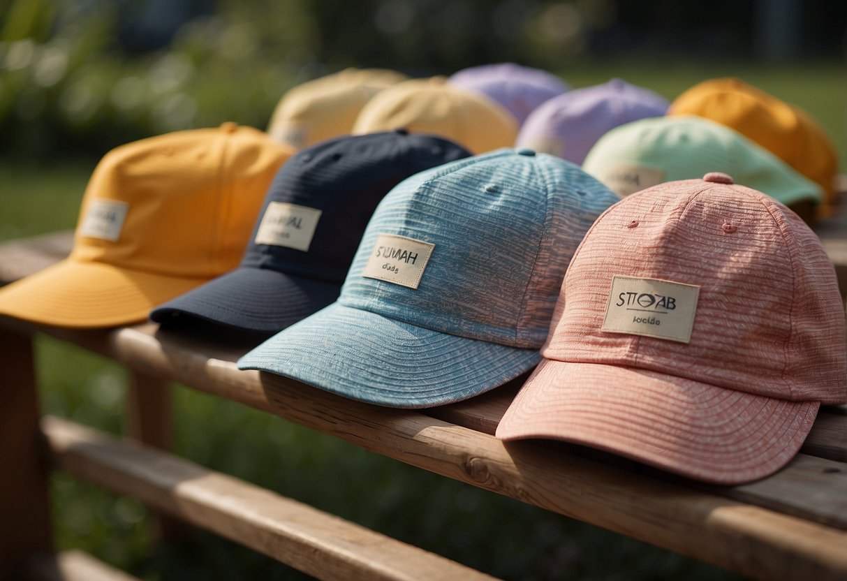 A sunny outdoor setting with 5 different lightweight hats displayed, each designed for yoga and sun protection