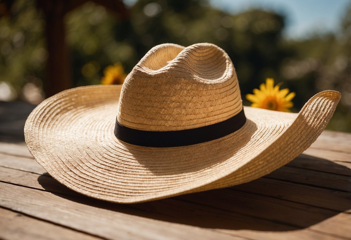 A woman's sun hat lies on a yoga mat in a sunny outdoor setting. The hat is lightweight and features UPF 50+ sun protection