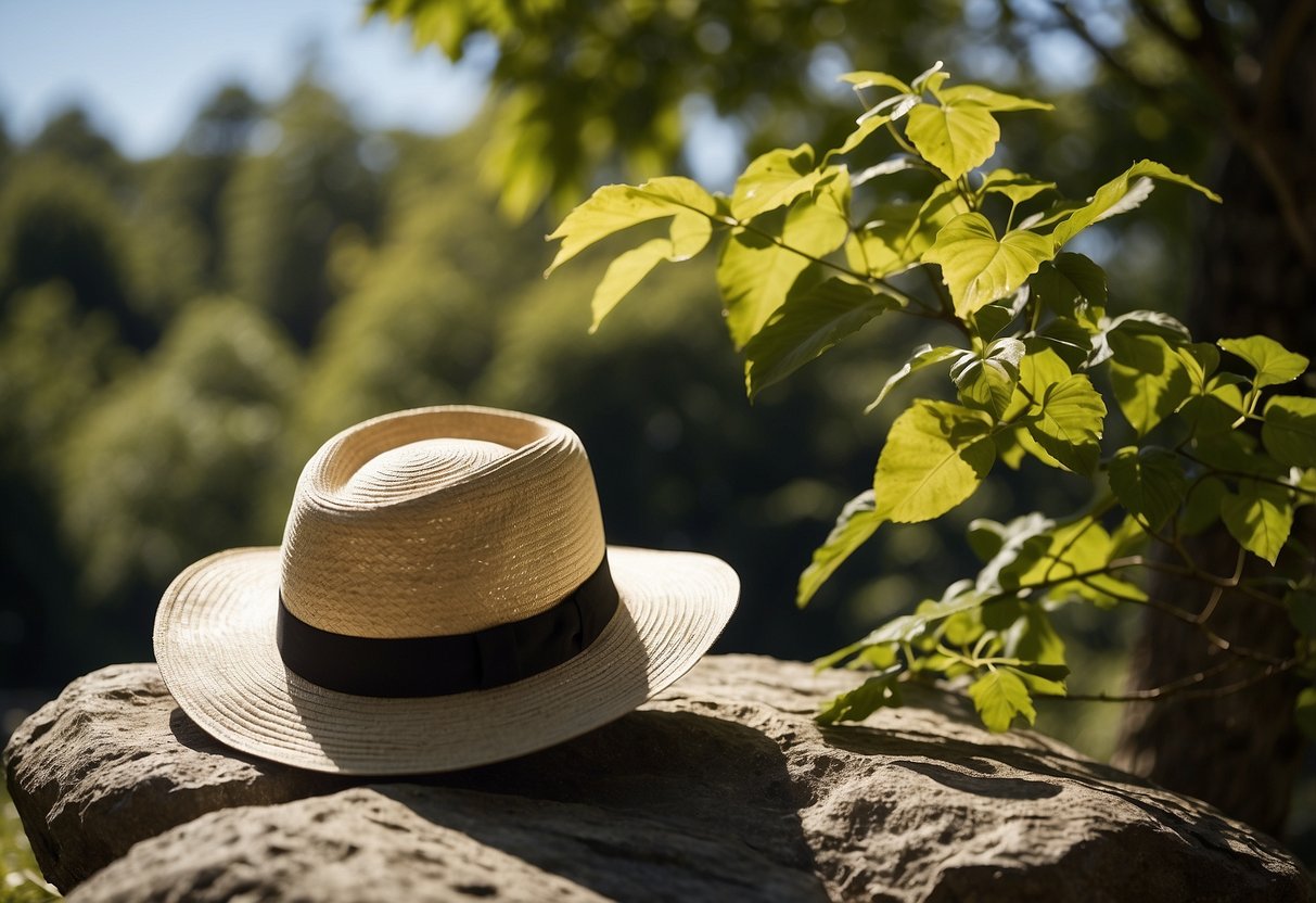 A sunhat, Tilley LTM6 Airflo, rests on a rock. Sunlight filters through trees, casting dappled shadows. Blue sky and green foliage create a serene outdoor setting