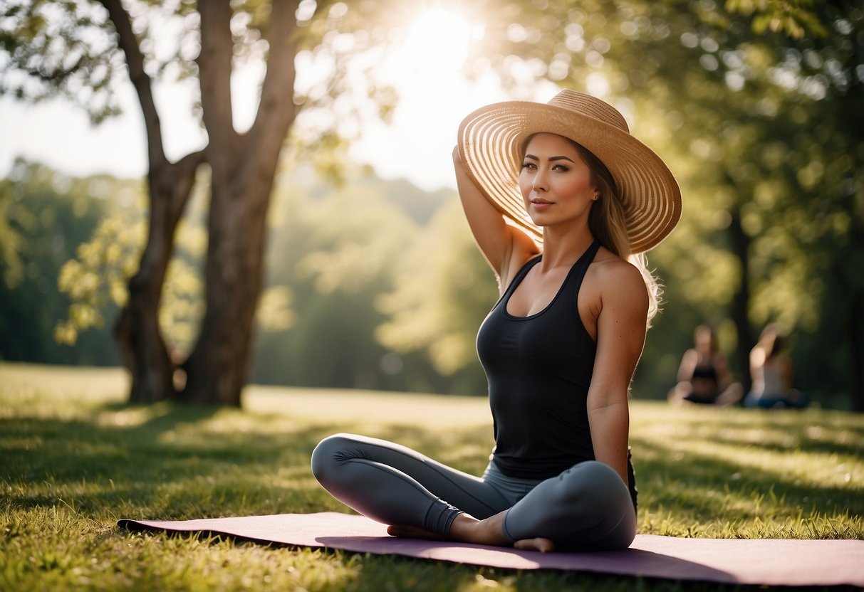 A sunny outdoor yoga session with a person wearing the Sombriolet Sun Hat for sun protection