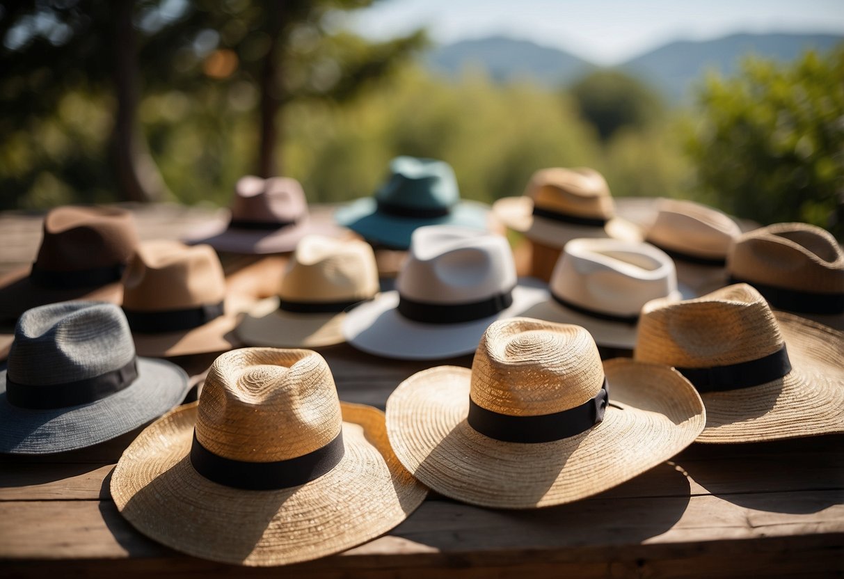 A sunny outdoor yoga scene with 5 different lightweight hats displayed, each providing sun protection