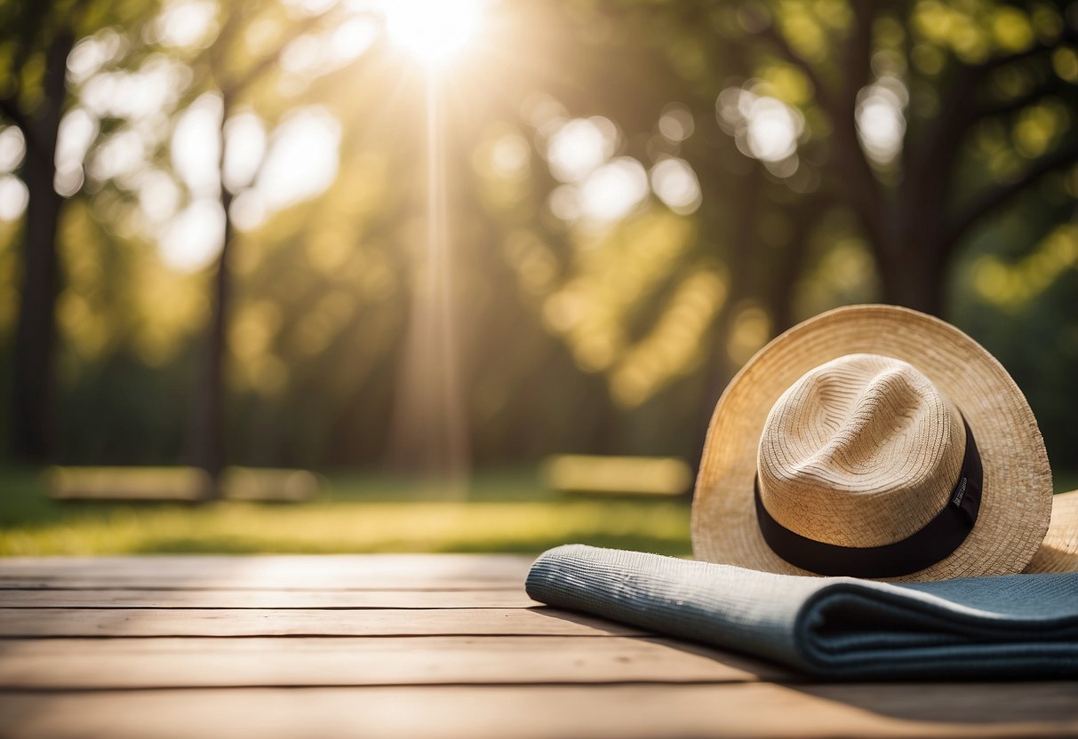 A sunny outdoor yoga scene with a lightweight hat providing sun protection. Yoga mat and natural surroundings in the background