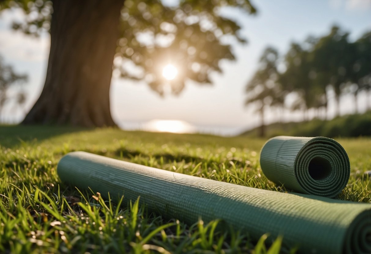 Yoga mat on grass, surrounded by trees. Sun shining, birds chirping. Nearby first aid kit and emergency contact list. Peaceful, yet prepared