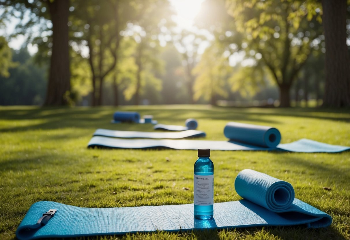 Yoga mats laid out on grass, surrounded by trees. Electrolyte drinks and emergency kits placed nearby. Blue sky and sunshine overhead