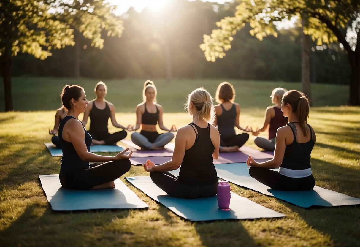 A group of yoga practitioners in outdoor setting, dressed in sun protection clothing, demonstrating 10 emergency handling techniques