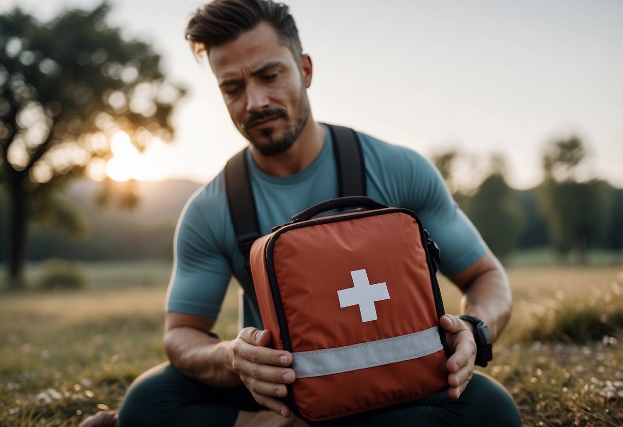 A person carrying a first aid kit while practicing outdoor yoga, with various emergency scenarios in the background