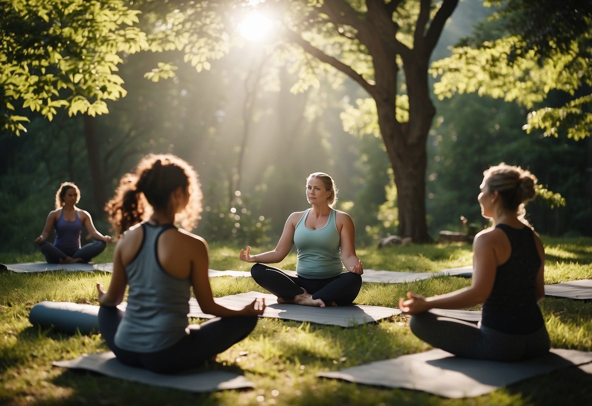 A group of yoga practitioners in a lush outdoor setting, surrounded by trees and wildlife. Insect repellent is visible, along with emergency supplies