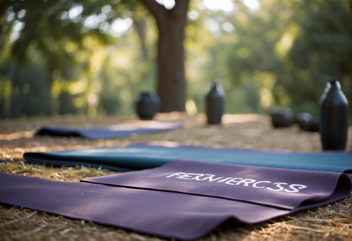 A serene outdoor yoga session with a clear sign pointing to the nearest emergency services location. Yoga mats laid out, surrounded by nature