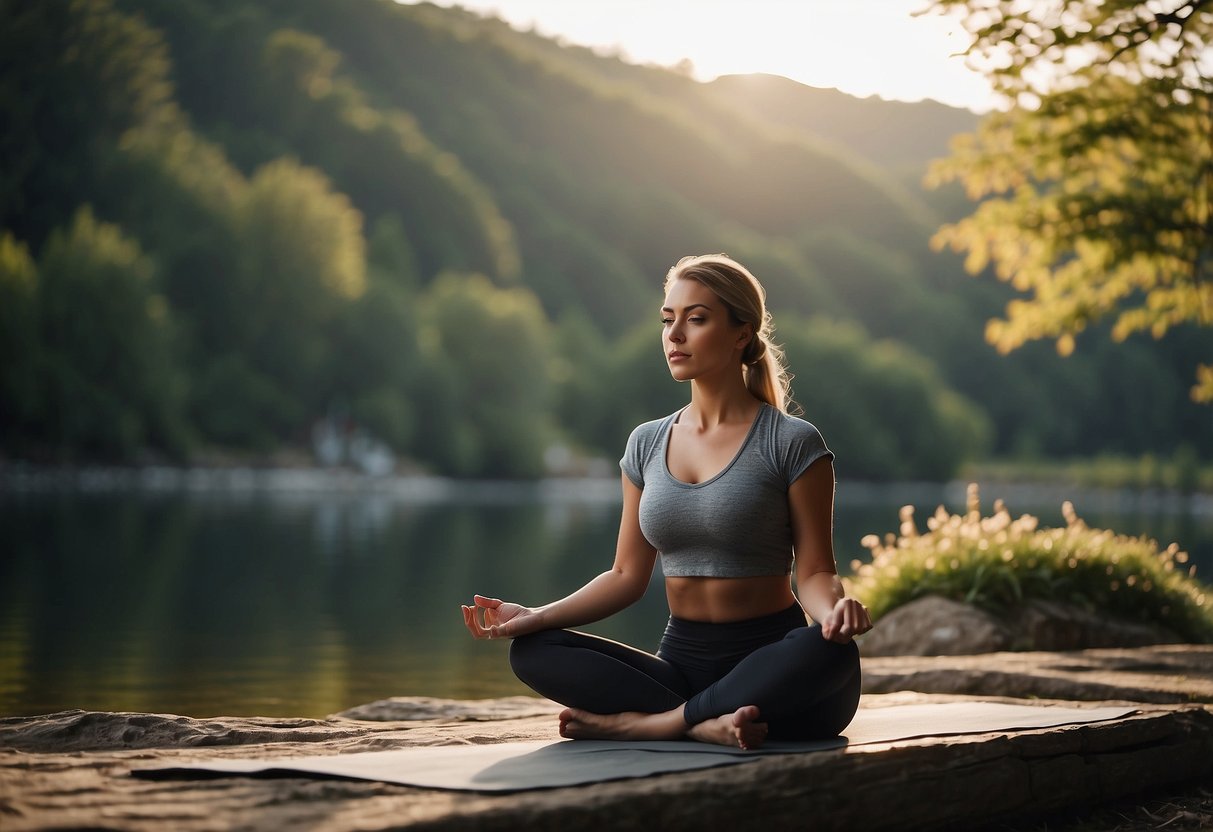 A person sits in a peaceful outdoor setting, surrounded by nature. They practice deep breathing techniques, focusing on their breath as they handle an emergency during outdoor yoga