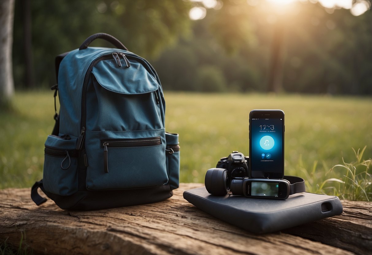 A backpack sits open on the ground, with a charged backup phone visible inside. Nearby, a yoga mat is spread out in a serene outdoor setting