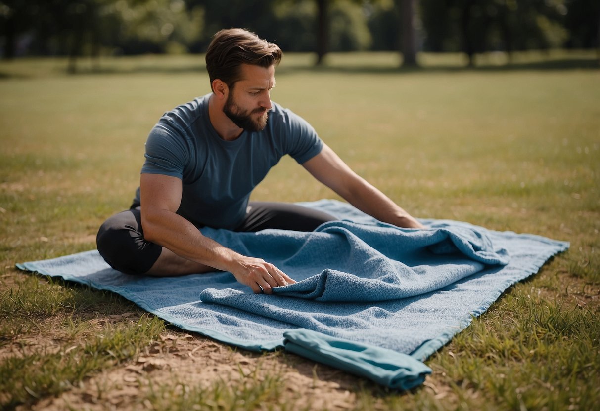 A person lays out a cooling towel on the ground, demonstrating 10 different emergency uses during outdoor yoga