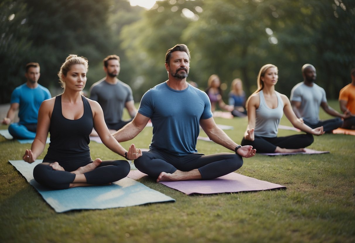 People in yoga poses outdoors, signaling for help, using emergency supplies, and staying calm