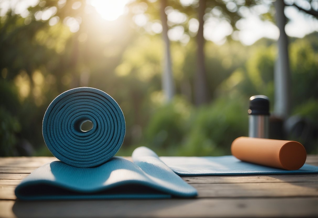 A serene outdoor setting with a yoga mat, surrounded by nature. A person is stretching and massaging their sore muscles, using props like foam rollers and yoga blocks