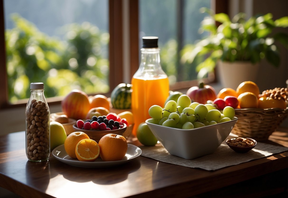 A table filled with colorful fruits, vegetables, and nuts. A yoga mat and water bottle nearby. Sunlight streaming in through a window