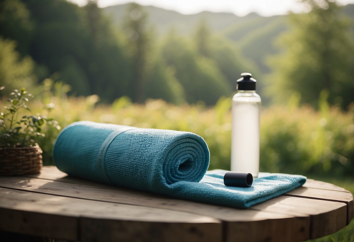 A serene outdoor setting with yoga mats laid out, surrounded by nature. A water bottle and towel are placed nearby, with a gentle breeze blowing through the scene