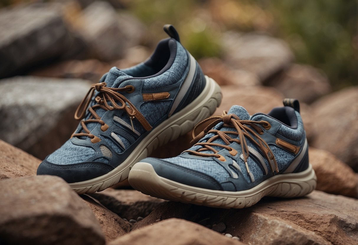 Yoga shoes on rocky terrain, with varying textures and angles. Five pairs displayed in a natural outdoor setting