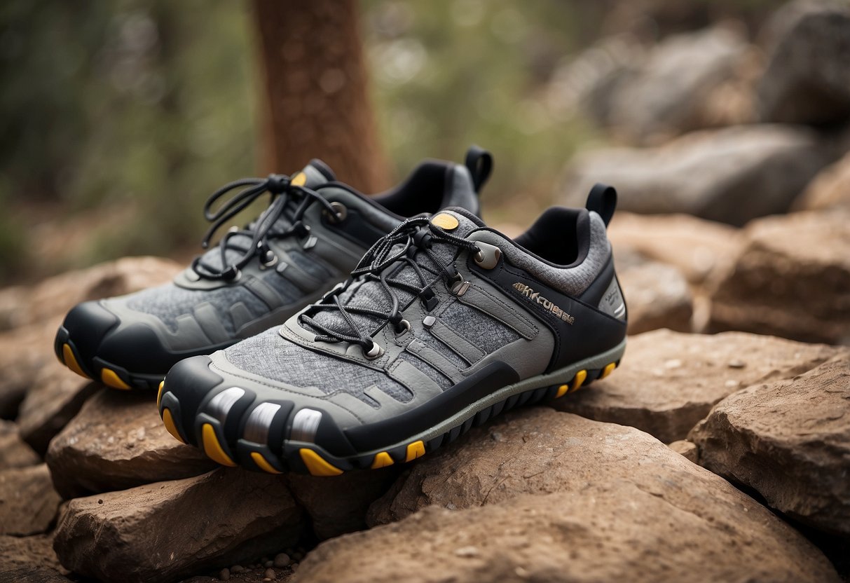 A rocky terrain with a pair of Vibram FiveFingers V-Trail 2.0 shoes placed on the ground, surrounded by rugged terrain and natural elements