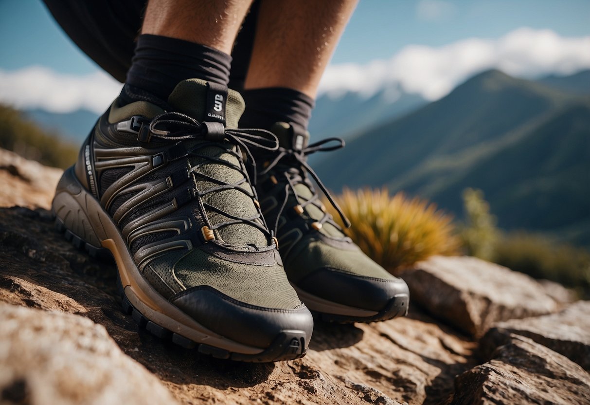 A rocky terrain with Salomon Speedcross 5 shoes navigating through challenging yoga poses