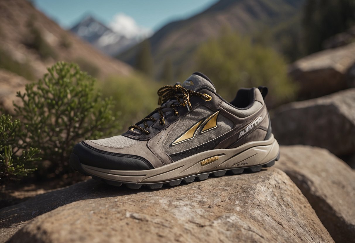 A pair of Altra Lone Peak 7 5 shoes placed on rocky terrain, surrounded by yoga props and natural elements