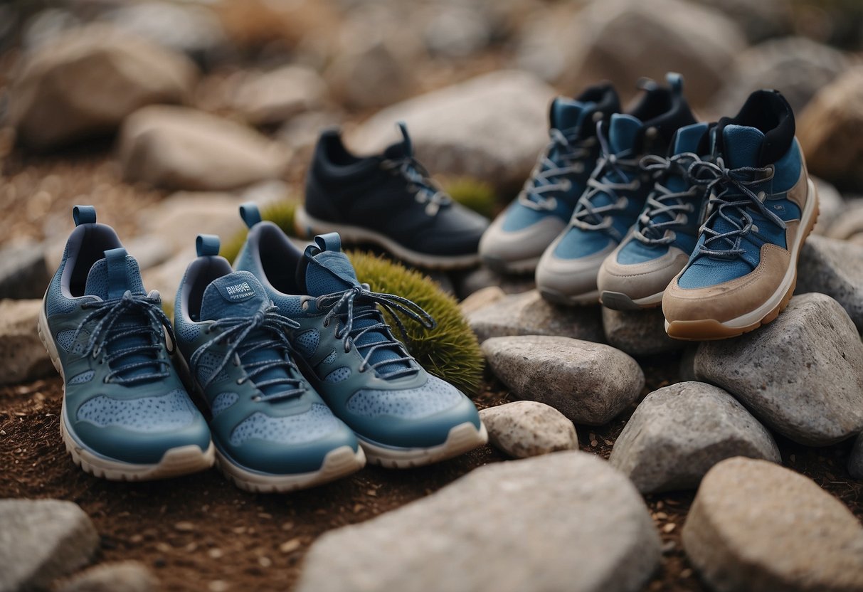 A rocky terrain with 5 different pairs of yoga shoes scattered around, each with unique features and materials