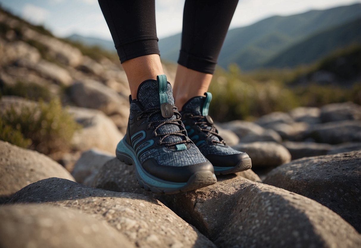 Yoga shoes on rocky terrain, showcasing sturdy soles and ankle support