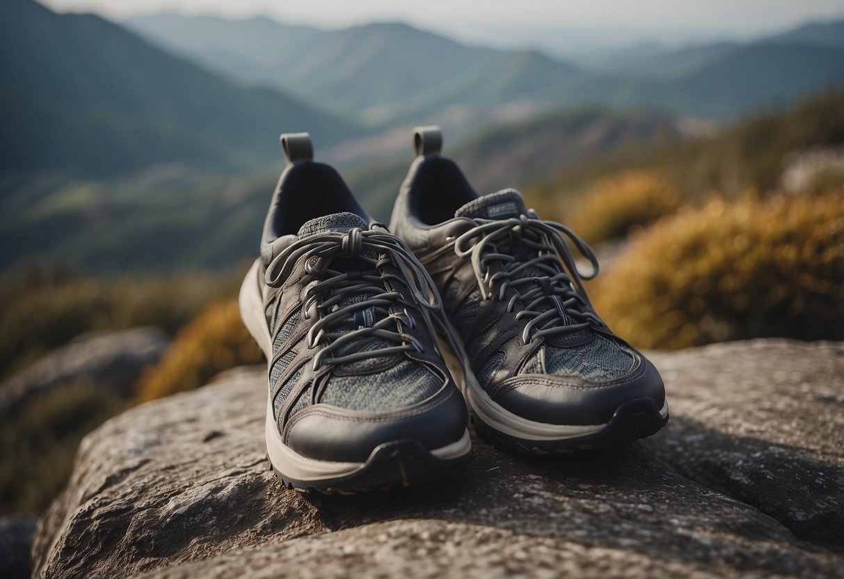 A pair of yoga shoes on a rocky terrain, with a backdrop of changing weather conditions