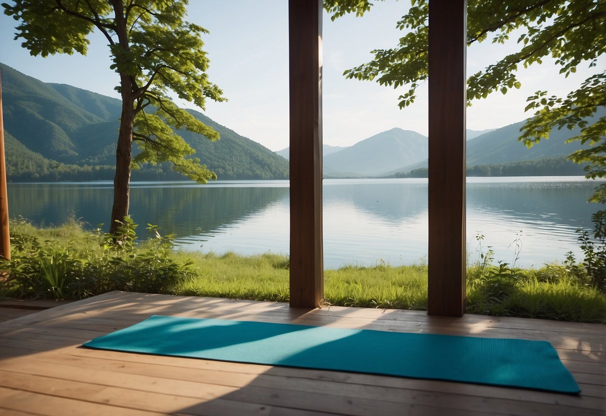 Lush green mountains surround a serene lake, with a yoga mat laid out on the grass. A clear blue sky and the sound of birds create a peaceful atmosphere