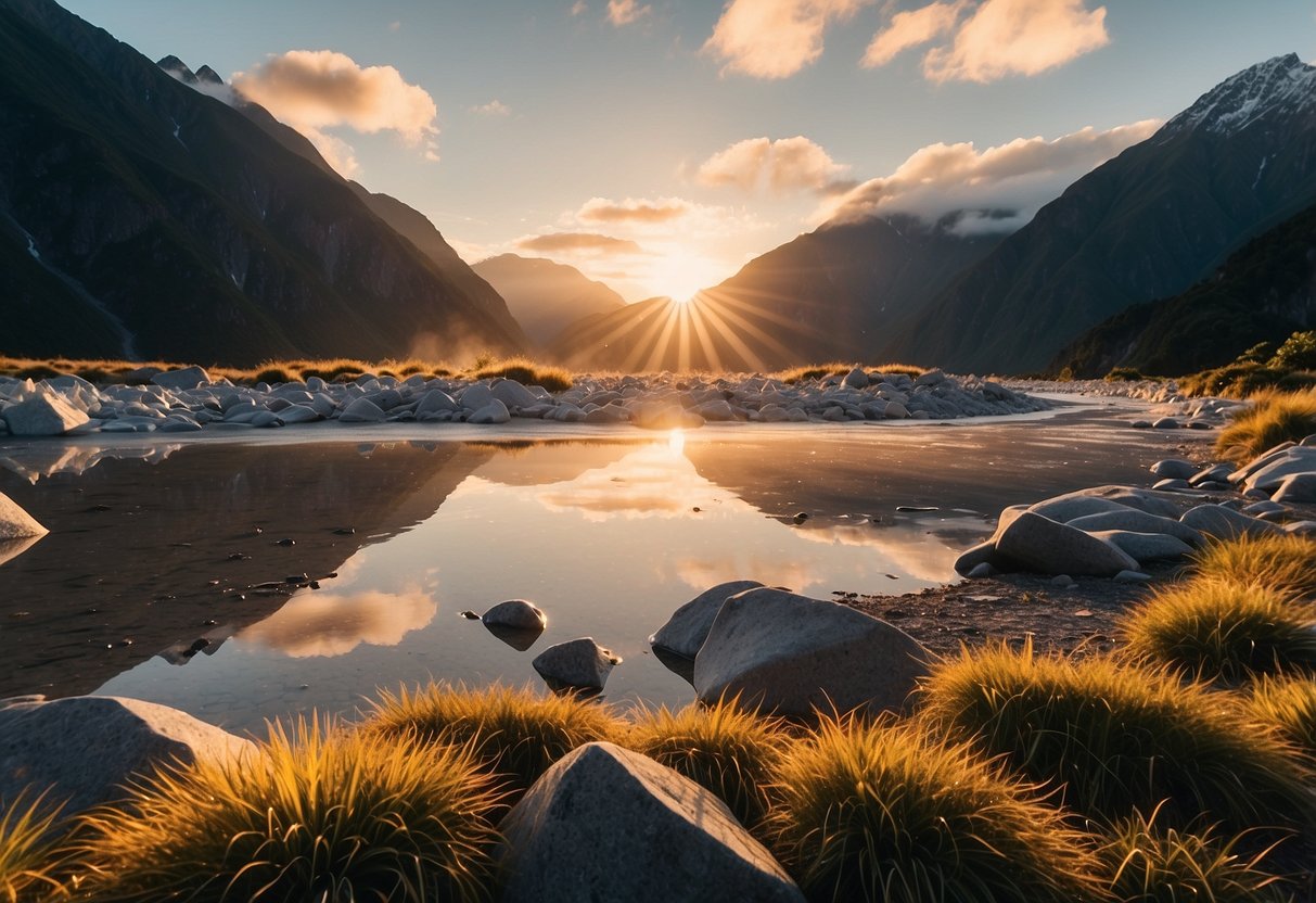 The sun sets behind the majestic Franz Josef Glacier, casting a warm glow over the serene landscape, creating the perfect backdrop for outdoor yoga in New Zealand