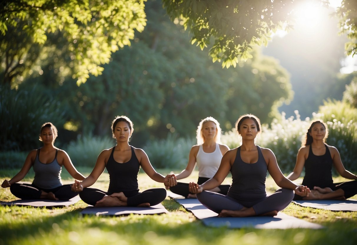 Lush greenery surrounds a serene outdoor yoga class in New Zealand. The sun shines down on a group of yogis as they practice their poses in the peaceful natural setting