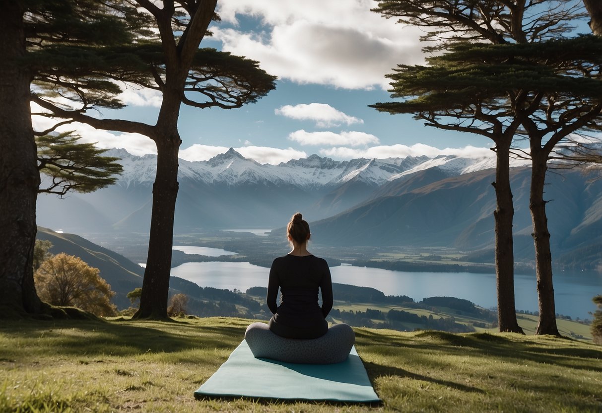 Lush green rolling hills, a serene lake, and snow-capped mountains provide a picturesque backdrop for outdoor yoga in New Zealand