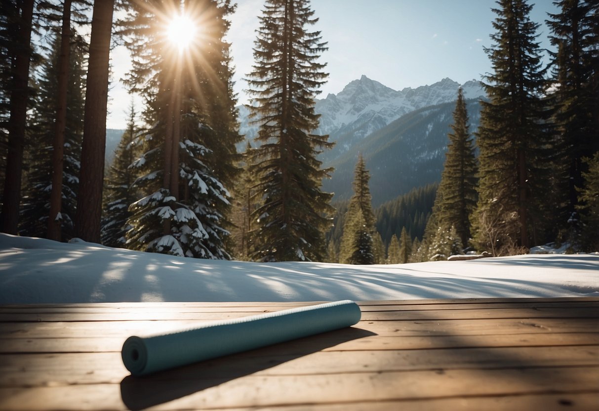 A serene mountain clearing with a yoga mat surrounded by tall trees and a distant view of snow-capped peaks. The sun is shining, casting dappled light on the ground