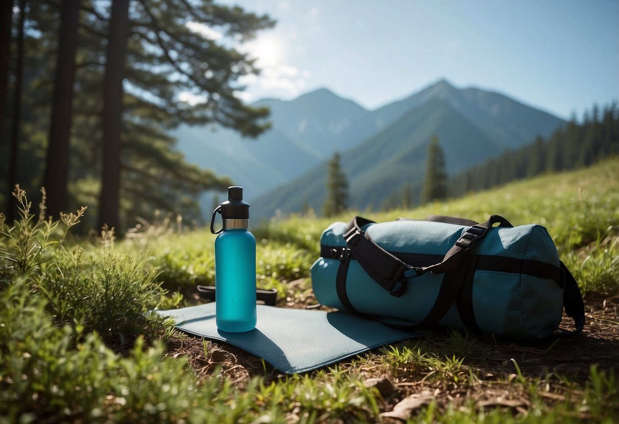 A serene mountain clearing with a yoga mat, water bottle, and a backpack. Lush greenery surrounds the area, with a clear blue sky overhead. Peaceful and secluded, perfect for outdoor yoga practice