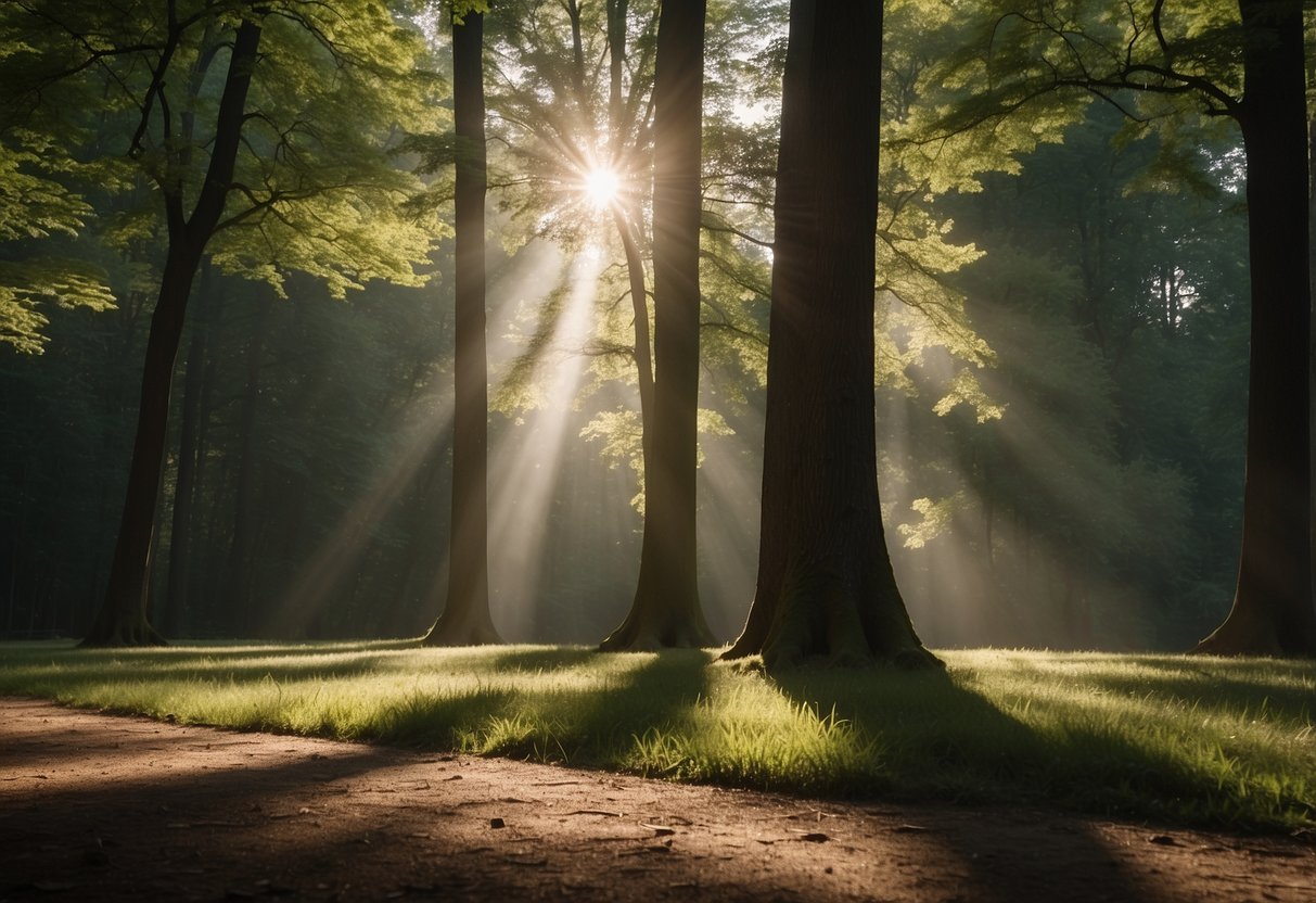 A serene clearing surrounded by tall trees, with a soft patch of grass for a yoga mat. The sun filters through the leaves, casting dappled shadows on the ground