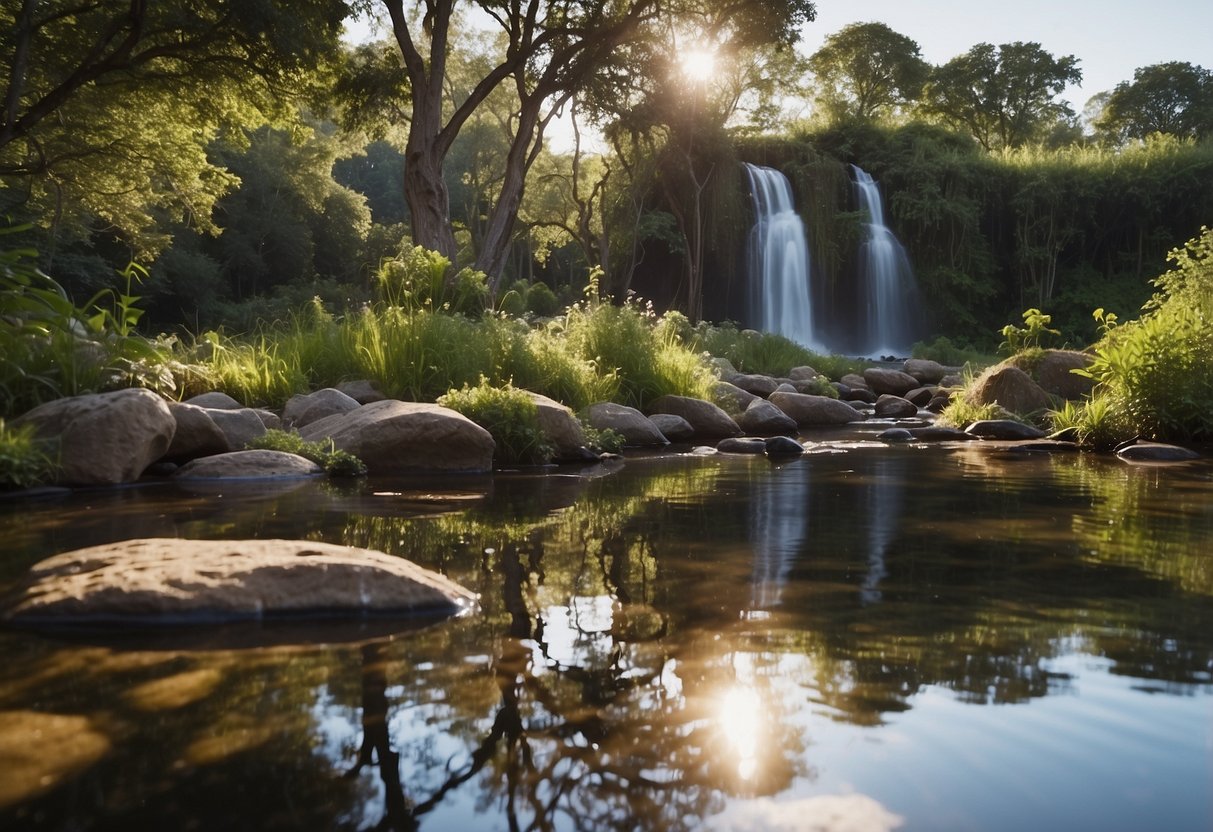 A serene, remote outdoor yoga spot with lush greenery, a clear blue sky, and a small stream or waterfall for hydration