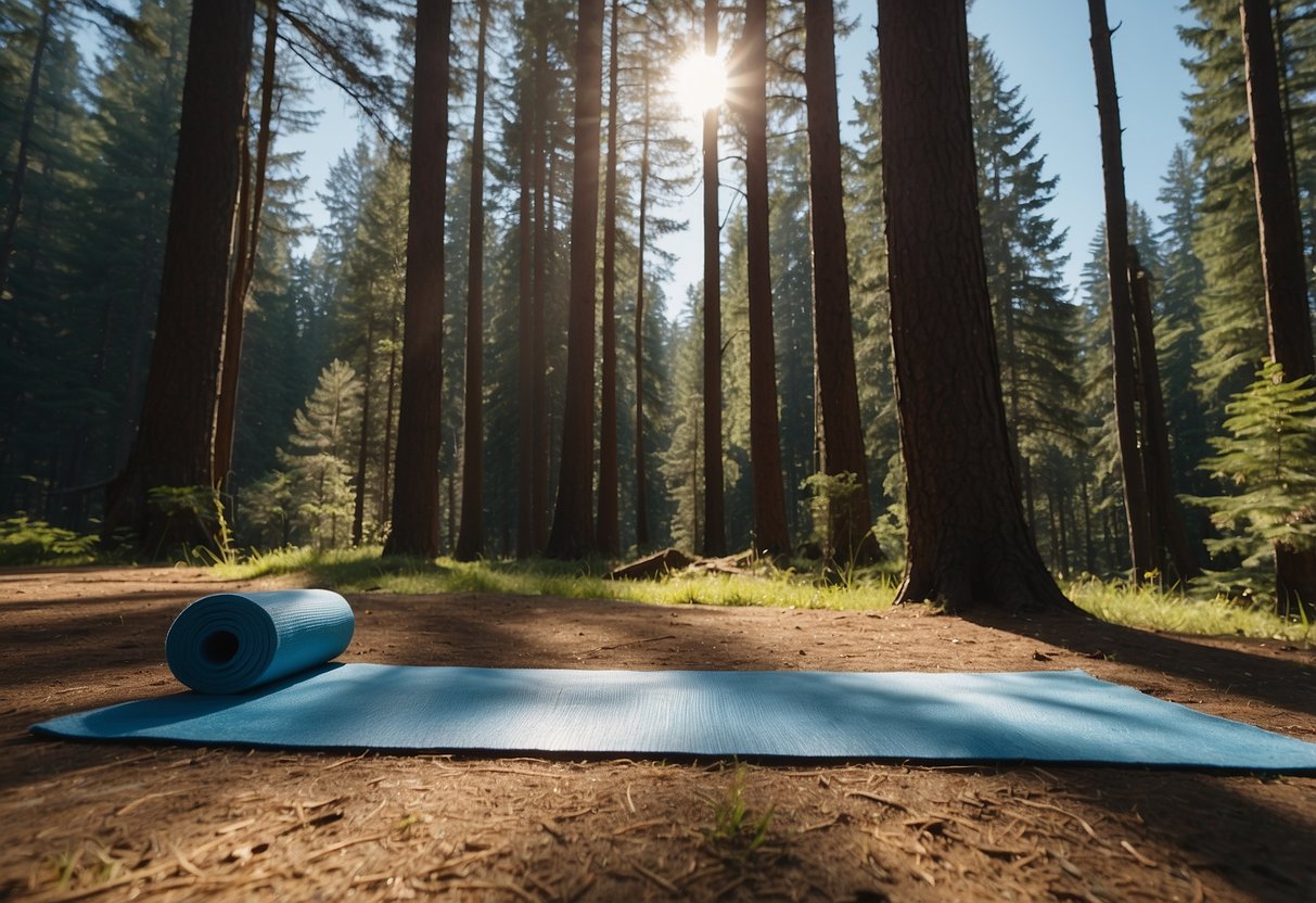 A serene mountain clearing with a yoga mat, surrounded by tall trees and a clear blue sky. The sun shines brightly, casting dappled shadows on the ground