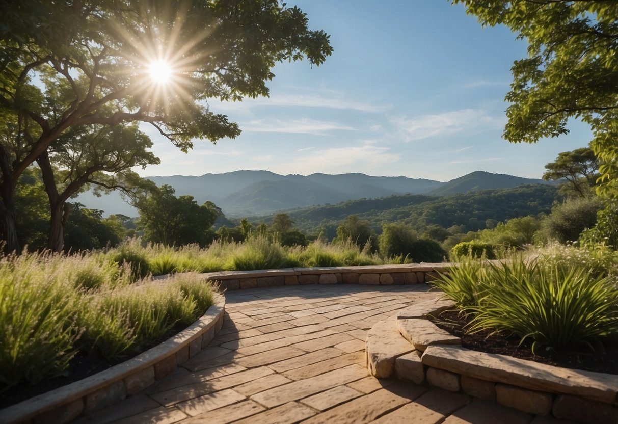 A serene landscape with a clear blue sky, lush greenery, and a peaceful remote area for outdoor yoga practice