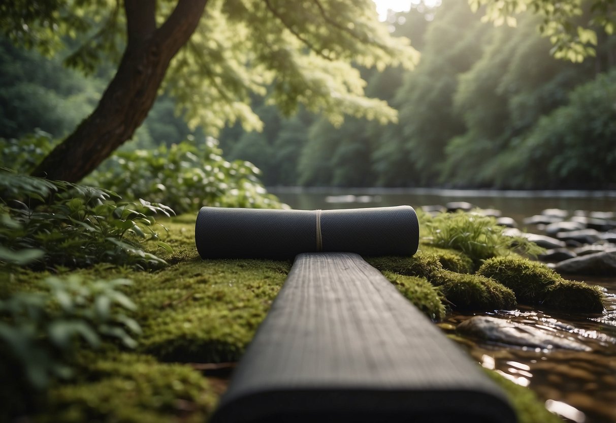 Lush greenery surrounds a yoga mat placed on a flat rock. A gentle stream flows nearby, and a canopy of trees provides shade. Birdsong fills the air