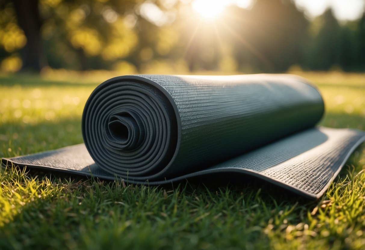 Yoga mat on grass, surrounded by trees and wildlife. Sun shining, birds chirping. Peaceful and serene remote outdoor setting