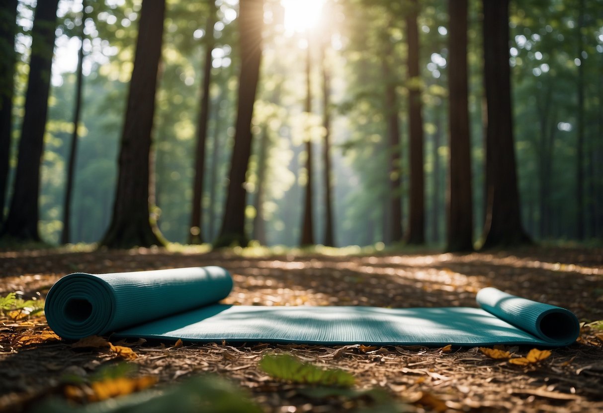 A serene, secluded clearing in the forest with a yoga mat laid out on the ground, surrounded by tall trees and dappled sunlight filtering through the leaves