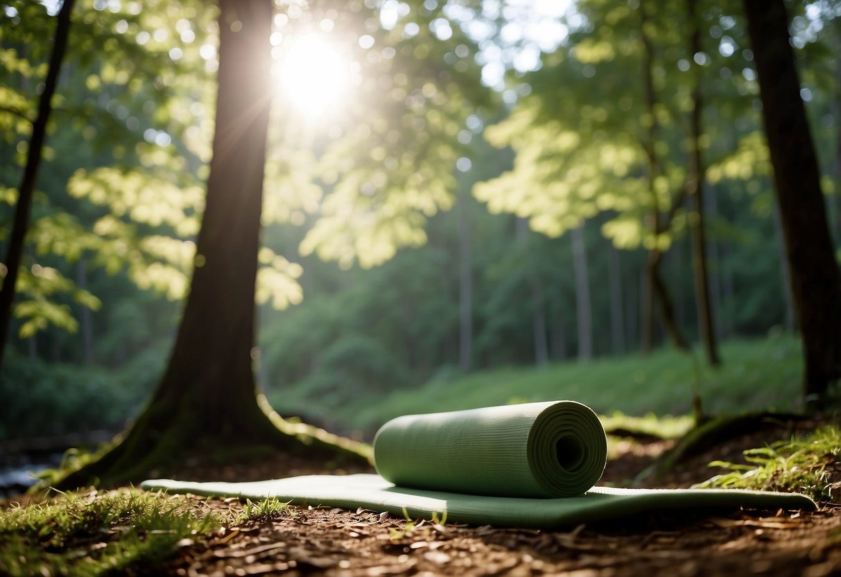 A serene clearing in a lush forest, with a soft yoga mat laid out on the ground. The sun filters through the trees, casting dappled shadows on the peaceful space. Nearby, a clear stream gurgles gently, providing a soothing soundtrack